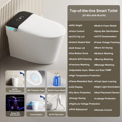 Elongated Smart Toilet with Bidet Built in, Foam Dispenser, Voice Control, One-Piece Bidet Toilet with Warm Water and Dryer