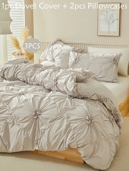 White Ruched Flower Design Duvet Cover Set