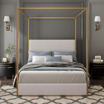 King Size Metal Canopy Bed Frame Tall Upholstered Headboard Corduroy