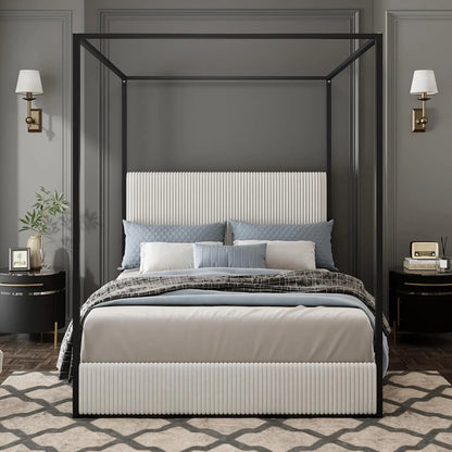 King Size Metal Canopy Bed Frame Tall Upholstered Headboard Corduroy