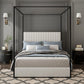 King Size Metal Canopy Bed Frame Tall Upholstered Headboard Corduroy