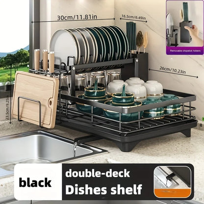 2-Layer Elevated Capacity Drain Rack with Water Tray Rust-Proof Dish Organizer