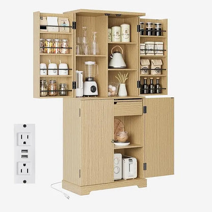 71" Fluted Pantry Storage Cabinet with Charging Station with Extendable Counter, Adjustable Shelves