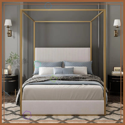 Queen Size Canopy Bed Frame with Upholstered Headboard, Metal