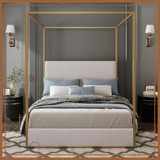 Queen Size Canopy Bed Frame with Upholstered Headboard, Metal