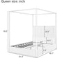 Queen Size Canopy Bed Frame with Upholstered Headboard, Metal