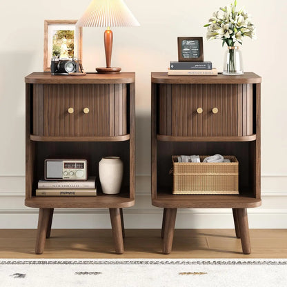 2-Piece Walnut Nightstand Set / Side Table with Charging Station, Mid-Century Modern