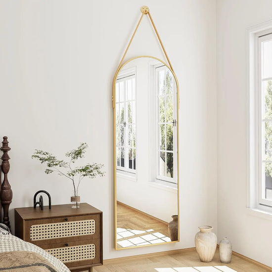 16x48 Arched Full Length Mirror with Aluminum Frame and Leather Strap,
