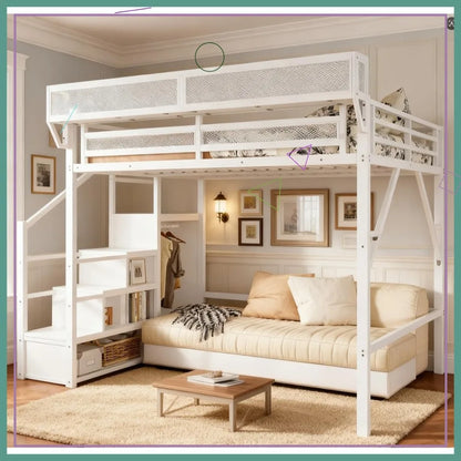 Full Size Loft Bed with Stairs Storage, Metal Frame for Adults Kids Teens,
