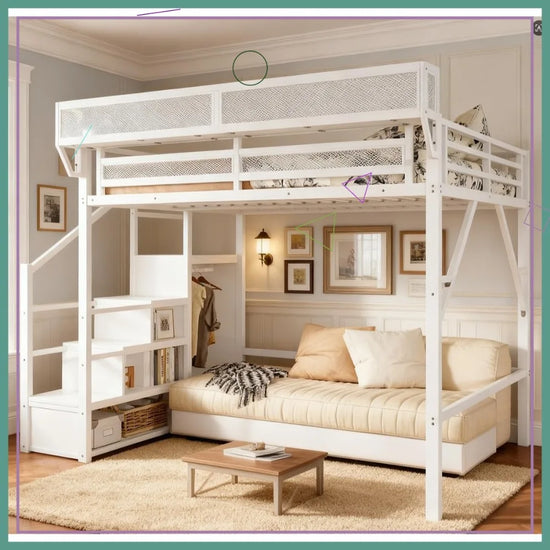 Full Size Loft Bed with Stairs Storage, Metal Frame for Adults Kids Teens,