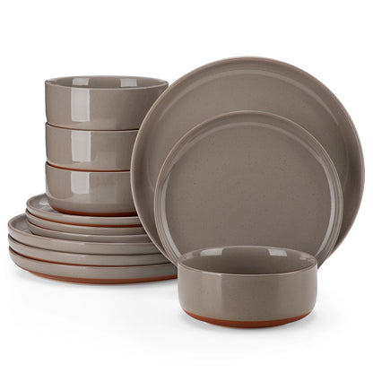 12 Pcs Dinnerware Set Curved Edge Sesame Glaze Stoneware Plates Set