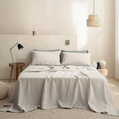 3/4 Pcs 100% Bed Linen Sheet Set Basic Style Washed Natural French Flax Soft Breathable
