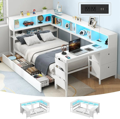 Twin Corner Bed with Desk, Storage & LED Lights - Multi-Functional with Charging Station
