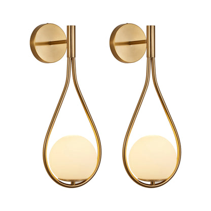 Set of 2 Modern Golden Wall Sconces with Opal Glass Globe,