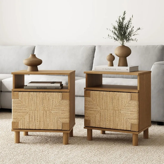 Wood Nightstand, Accent Table or Sofa Side Table with Seagrass Door Set of 2