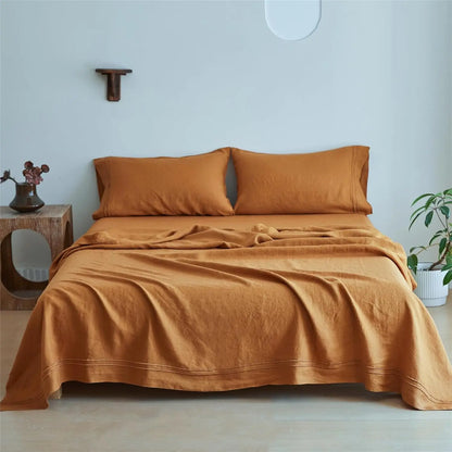 3/4 Pcs 100% Bed Linen Sheet Set Embroidery Washed Natural French Flax Soft Breathable Comforter Sheets Sets