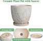 8 Inch White Ceramic Planter with Drainage Hole and Saucer for Indoor Outdoor Plants