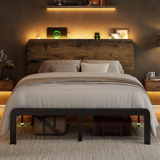 Queen Size Bed Frame with Adjustable LED Lights, Storage Headboard, Charging Ports
