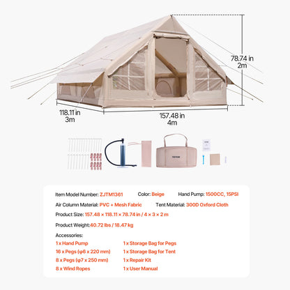 Inflatable Tent Easy Setup with Hand Pump,  Stove Jack, Storage Bag