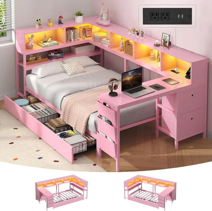 Twin Corner Bed with Desk, Storage & LED Lights - Multi-Functional with Charging Station