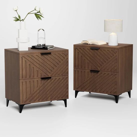 Small Night Stand Set of 2, Fluted with 2 Drawers, Side table