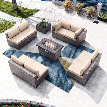10-Piece Outdoor Patio Furniture Set with Propane Fire Pit Table, Wicker Rattan