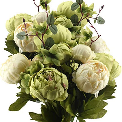 Artificial Peony Bouquets 2 Cream Beige Moss Green Silk Flower Bundles