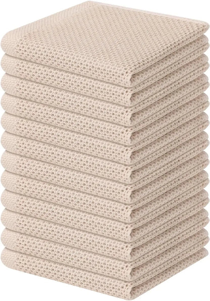100% Cotton Waffle Weave Kitchen Dish Cloths, Ultra Soft Absorbent Quick Drying Dish Towels, 12 x 12 Inches, 12-Pack, Beige