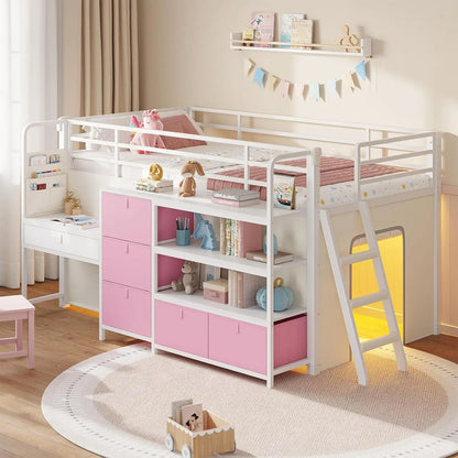 Kids Low Loft Bed with Desk, Storage Drawers, LED Lights & Play Space - Twin Size