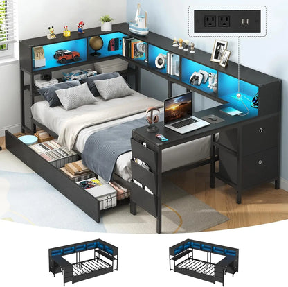 Twin Corner Bed with Desk, Storage & LED Lights - Multi-Functional with Charging Station