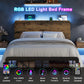 Queen Size Bed Frame with Adjustable LED Lights, Storage Headboard, Charging Ports