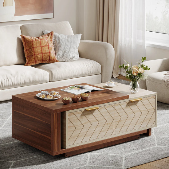 Extendable Coffee Table, 42"-65" Length AdjustableWood Coffee Table with 2 Storage Drawers