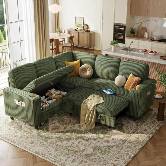 Green Corduroy Sectional Sleeper Sofa with Storage Chaise and USB Ports