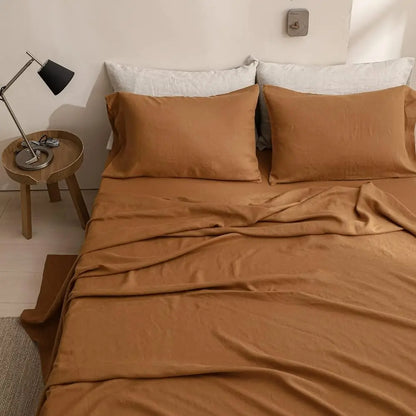 3/4 Pcs 100% Bed Linen Sheet Set Basic Style Washed Natural French Flax Soft Breathable
