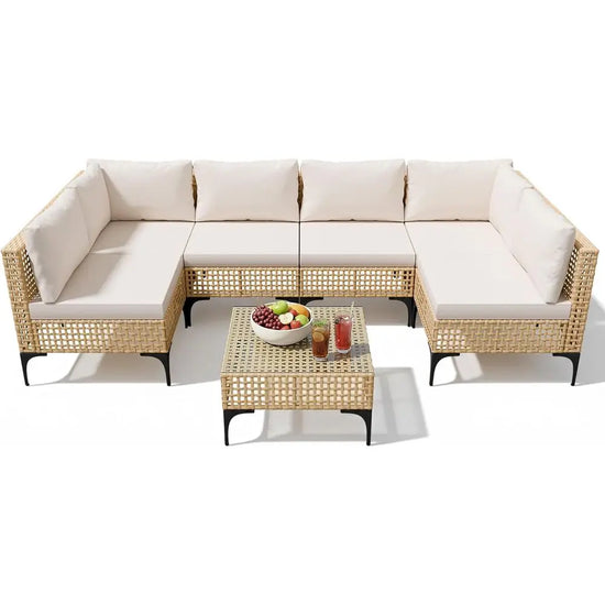 7-Piece Outdoor Sectional Sofa Set with Rattan Seating, Coffee Table