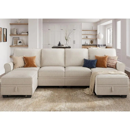 Storage-Enabled Beige Sectional Sofa with Reversible Chaise