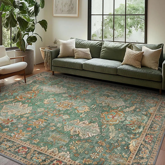 8x10 Green  Vintage Washable Area Rug, Non-Slip Thin Low Pile Chenille