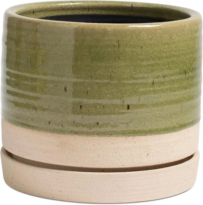 8 Inch Ceramic Planter with Drainage Hole & Saucer, Indoor Outdoor Round Pot in Green Beige