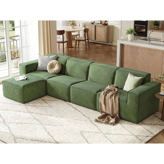 Green 4-Seat L-Shaped Sectional Sofa with Ottoman, Corduroy