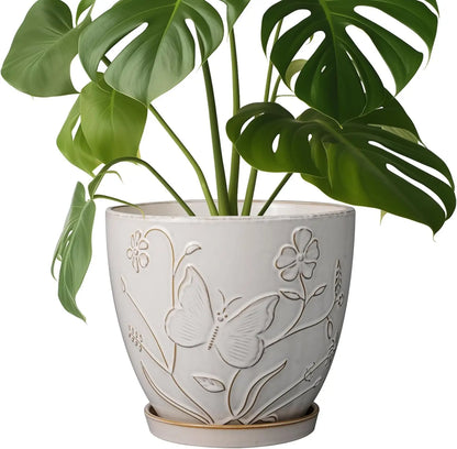 8 Inch White Ceramic Planter with Drainage Hole and Saucer for Indoor Outdoor Plants