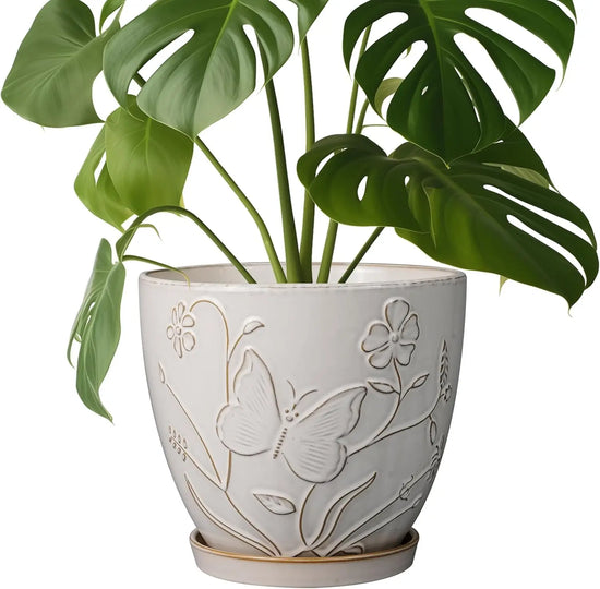 8 Inch White Ceramic Planter with Drainage Hole and Saucer for Indoor Outdoor Plants