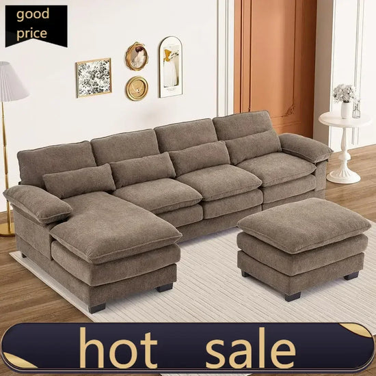 L-Shaped Chenille Sofa Set with Chaise and Ottoman, Brown