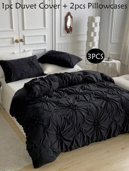 White Ruched Flower Design Duvet Cover Set