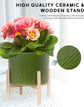 10 Inch Ceramic Plant Pot with Wood Stand,