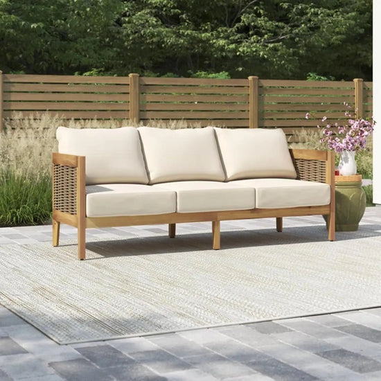 76.5" Outdoor Acacia Wood Wicker 3 Seater Sofa,