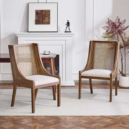 Yone Dining Chairs Set of 2, Modern Dining Chair with Fabric Upholstery, Rubberwood Frame Kitchen Chairs with Cane, Customized