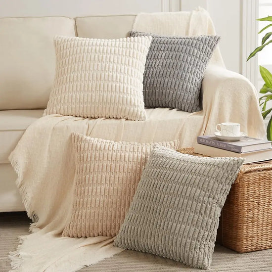 4-Pack Neutral Throw Pillow Covers 18x18 Inch, Soft Plush Striped Corduroy