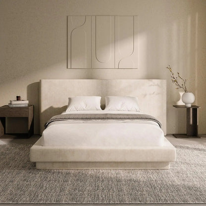 Full Upholstered Platform Bed Frame with Extra Wide Foam Cushioned Headboard