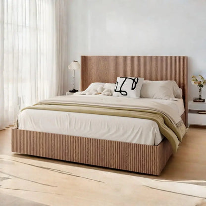 King Size Platform Bed with Storage with Wingback Headboard & Lift Up Storage, Natural