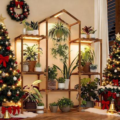 Wood Plant Shelf with Grow Lights for Indoor Hanging Planter & Pots Display,